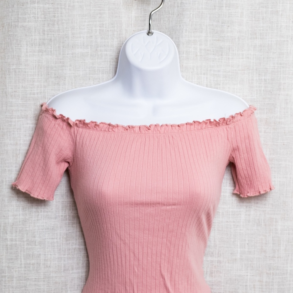 Pink Off Shoulder Rib Knit Bodycon Dress - Picture 2 of 6